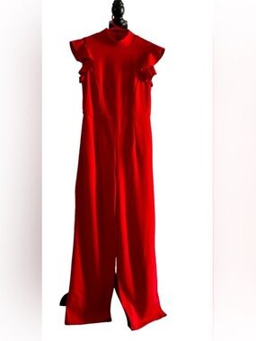 Blue Rain Red Ruffle-Sleeve Jumpsuit